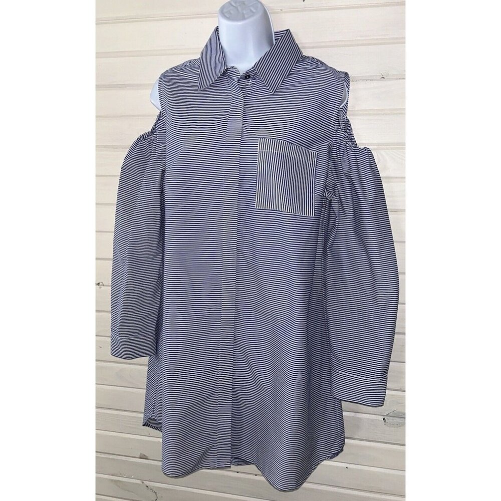 Soft Surroundings Sz LARGE Bristol Cold Shoulder Stripe Tunic Shirt Button EUC